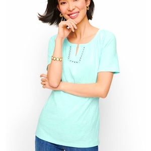 Talbots lace trim split neck tee - Sea Opal - PM